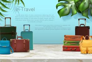 bandera de viaje vectorial. banner o afiche de concepto de viaje vectorial realista con elementos turísticos, equipaje y plantas tropicales.