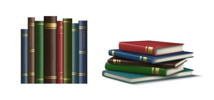 3d realistic vector icon set. Book covers in the row and books stack on the surface. Isolated on white background.