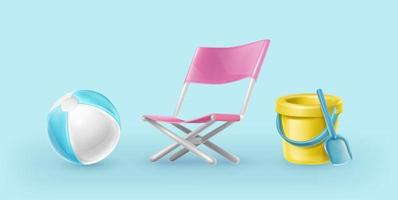 3d realistic vector icons. Summer set of chair, sand yellow plastic bucket with  spade isolated on white background.