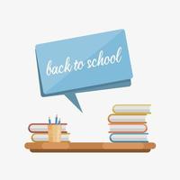 back to school illustration with stack of books on desk and glass pencil case vector