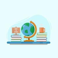study desk illustration with stack of books and earth globe for back to school events vector