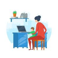 Vector flat concept art of working from home mother with a child in hands at the desk with laptop.