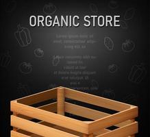 Vector organic supermarket background menu banner with empty wooden cargo box for fruits and vegetables.