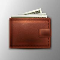 Cartera de cuero vectorial realista 3d con dinero en efectivo dentro. vector