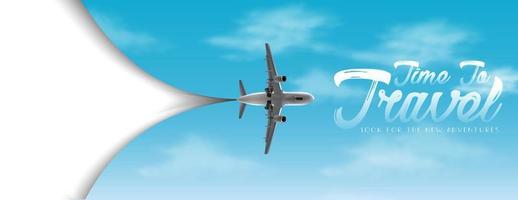 Time to travel vector flyer with white copy space and sky with airplane.