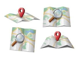 Vector icon of map with magnifying glass or GPS red arrow.