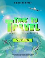 Time to travel banner with green globe and flying planes around. Vertical orientation. vector