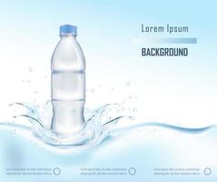 3d realistic vector illustration banner. Small drinking plastic bottle of water with a splash and drops.