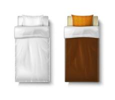 3d realistic vector icon set. Single bed frame with matress and duvet in white , red, blue color.