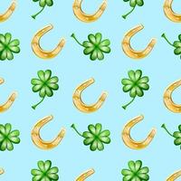 Vector seamless patter of good luck, with horseshoe and clever leaves on azure background.