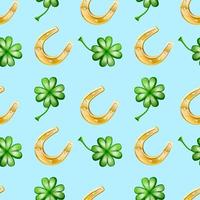 Vector seamless patter of good luck, with horseshoe and clever leaves on azure background.