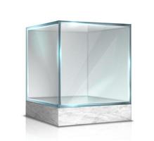 Vector 3d realistic glass box, cube for presentation on marble stand. Isolated on white background.