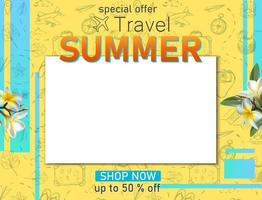 Vector travel banner. Summer travel tourist banner with copy space and hand drawn elements, frangipani flowers.