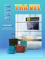 Vector travel banner. Vector vacation flyer with flight schedule and luggage.