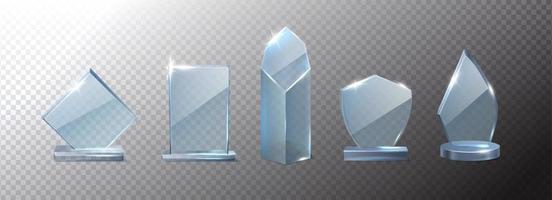 3d realistic vector icon set. Collection of different shapes bases glass crystal trophy.