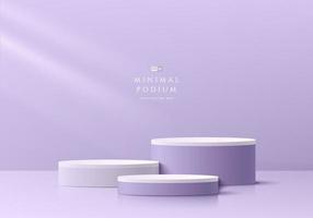 Abstract lavender 3D room with set of realistic purple, white cylinder pedestal podium. Minimal scene for product display presentation. Geometric forms design. Round stage for showcase. Vector EPS10