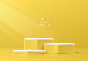 Set of yellow and white round corner cube pedestal podium. Minimal wall scene. Pastel color abstract room design. Vector geometric rendering 3d shape for cosmetic product display. Stage for showcase.