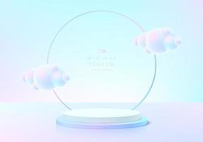 Abstract 3D room with realistic blue hologram color cylinder podium. Pastel cloud flying and ring background. Minimal scene for mockup product display. Vector geometric forms. Round stage showcase.