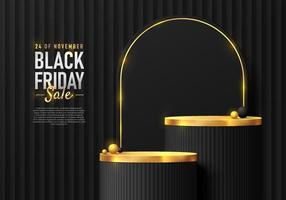 Set of steps realistic 3D black and golden cylinder stand podium in black friday concept. Luxury minimal scene for mockup product display. Vector geometric forms. Stage showcase. Dark abstract room.