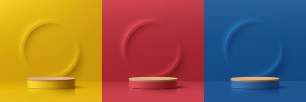 Set of abstract 3D room with yellow, dark blue and red realistic cylinder pedestal podium. Minimal round scene with light and shadow. Stage showcase, Mockup product display. Vector geometric forms.