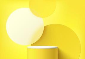 Abstract 3D room, Realistic yellow, white cylinder stand podium with overlap circles shape background. Pastel minimal scene for mockup product display. Vector geometric forms. Round stage showcase.