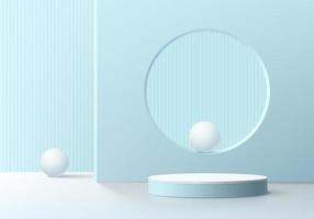 Abstract 3D room with realistic blue and white cylinder pedestal podium. Vector rendering geometric forms. Minimal wall scene for mockup product display. Round stage showcase. Vector illustration.