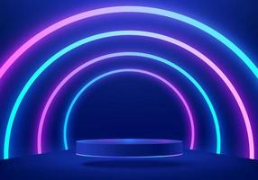 Abstract realistic blue 3d cylinder pedestal podium. Sci-fi dark abstract room with tunnel glowing neon lighting lines. Vector rendering mockup product display. Futuristic scene, Stage for showcase.