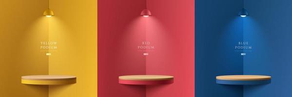 Set of yellow, dark blue, red realistic 3d floating cylinder podium in corner rooms with hanging neon lamps. Stage showcase, Product display. Vector rendering geometric forms. Abstract minimal scene.
