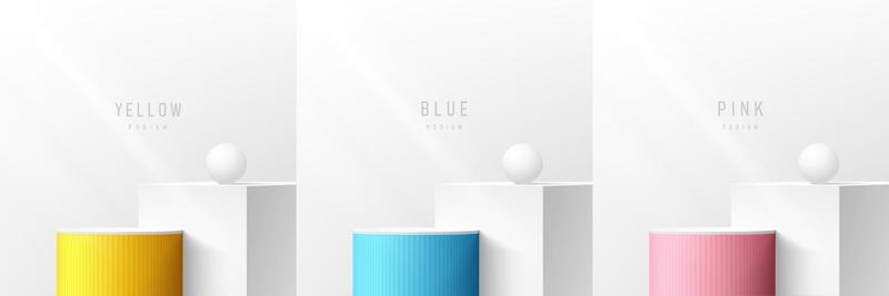 Set of yellow, blue, pink realistic 3d cube and cylinder stand podium in white clean rooms. Abstract vector rendering geometric forms. Minimal wall scene. Round stage showcase, Mockup product display.