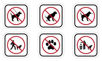 conjunto de iconos de silueta negra de perro de prohibición. prohibir el pictograma de paseo de entrada de mascotas. símbolo de parada roja de la zona de estacionamiento. no se permite señal de baño de animales. canino prohibido. limpiar después de caca de perro. ilustración vectorial aislada. vector