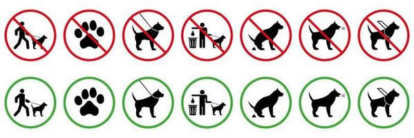 no se permite señal de baño de animales. permiso canino. símbolo verde de la zona del parque. limpiar después de caca de perro. conjunto de iconos de silueta negra de perro de prohibición. Prohibir el pictograma de paseo de entrada de mascotas. Ilustración de vector aislado.