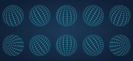 3D Blue Globe Grid Sphere Set on Dark Background. Geometric Round Grid Mesh Ball. Wireframe Globe Surface. Wire Global Earth Latitude and Longitude. Wired Line 3D Planet Globe. Vector Illustration.
