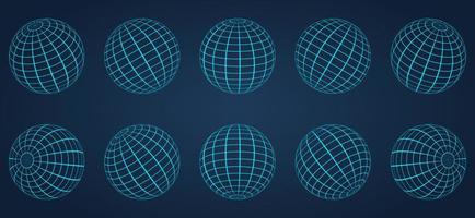 3D Blue Globe Grid Sphere Set on Dark Background. Geometric Round Grid Mesh Ball. Wireframe Globe Surface. Wire Global Earth Latitude and Longitude. Wired Line 3D Planet Globe. Vector Illustration.