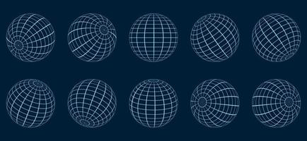 Globe Grid Sphere Set. 3D Wire Global Earth Latitude, Longitude. Geometric Grid Globe. Round Grid Mesh Ball. Wired Line 3D Planet Globe. Wireframe Globe Surface. Isolated Vector Illustration.
