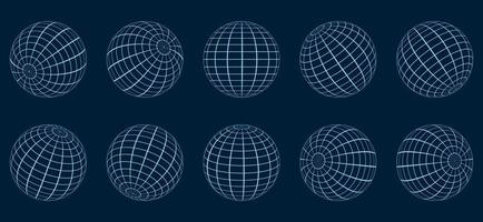 Globe Grid Sphere Set. 3D Wire Global Earth Latitude, Longitude. Geometric Grid Globe. Round Grid Mesh Ball. Wired Line 3D Planet Globe. Wireframe Globe Surface. Isolated Vector Illustration.