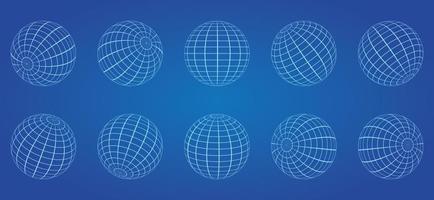 White Globe Grid Sphere Set on Blue Background. 3D Wire Global Earth Latitude, Longitude. Wired Line 3D Planet Globe. Geometric Round Grid Mesh Ball. Wireframe Globe Surface. Isolated Vector. vector