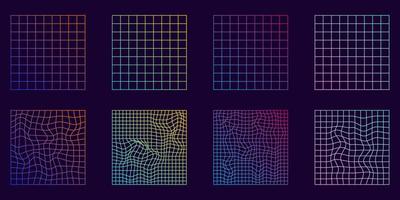 Distorted Grid Square Neon Pattern. Abstract Modern Design. Wave Ripple Perspective Square. Warp Futuristic Geometric Square Glitch. Isolated Vector Illustration.