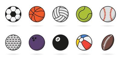 conjunto de iconos de bolas de juego deportivo. colección de pelotas para baloncesto, béisbol, tenis, rugby, fútbol, voleibol, golf, piscina, pictograma de bolos. pelota inflable, símbolo de softbol. ilustración vectorial