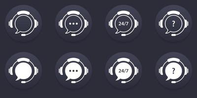 Client Support Service on Dark Background. Headset with Question Mark, Ellipsis. Hotline Concept Silhouette and Line Icons. Around Clock Telephone and Online Help Pictogram. Vector Illustration.