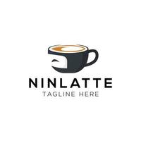 plantilla de diseño de logotipo de taza de café y ninja con estilo de dibujos animados vector