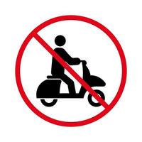 señal de tráfico de ciclomotor prohibido. icono de silueta negra de prohibición de scooter. Pictograma de scooter rápido prohibido. persona en moto símbolo de parada roja. No se permite el transporte de motos. ilustración vectorial aislada. vector