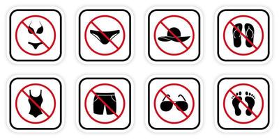 Precaución Prohibir la playa Ropa de verano Signo de silueta negra. traje de baño de verano prohibido detener el símbolo rojo. advertencia prohibida entrar en gafas de sol sombrero traje de baño flip flop icono. ilustración vectorial aislada. vector