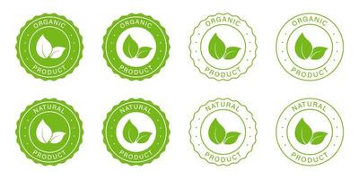 conjunto de iconos de productos naturales orgánicos. etiqueta verde ecológica saludable. logotipo de bioalimentos. Producto 100% ecológico, sello de comida vegana. símbolo de producto natural. signo de ecología. ilustración vectorial aislada. vector