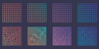 Distorted Grid Square Neon Pattern. Warp Futuristic Geometric Square Glitch. Abstract Modern Design. Wave Ripple Perspective Square. Isolated Vector Illustration.