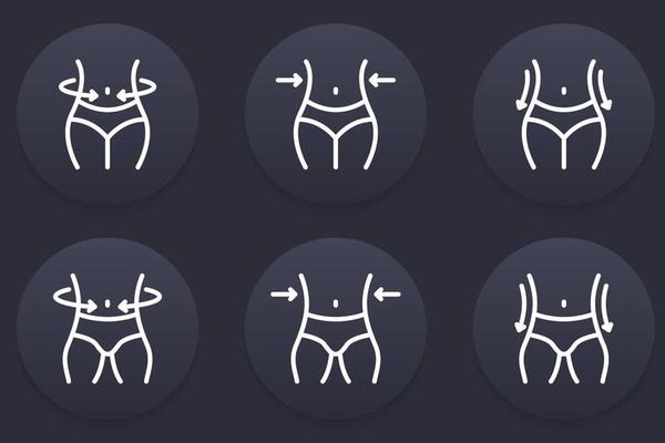 Slimming Waist. Woman and Man Loss Weight Line Icon. Shape Waistline Control Outline Icon. Set of Female and Male Body Slimming Linear Pictogram. Editable Stroke. Isolated Vector Illustration