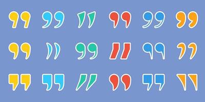 Double Comma Signs of Quote Icons. Set of Quotation Mark Stickers. Color Quotation Signs on Blue Background. Punctuation Symbol of Speech. Isolated Vector Illustration.