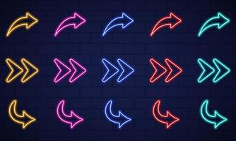 Colorful Neon Right Arrows Icons on Dark Wall Background. Location Indicator Casino, Bar, Night Club, Cinema and Motel. Glowing Neon Arrows of Different Colors. Isolated Vector Illustration.