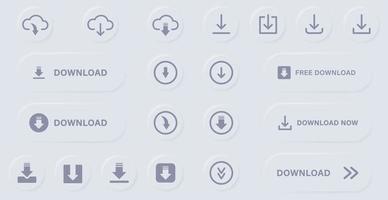 conjunto de iconos de línea y silueta de botón de descarga. descargue la aplicación web, archivo, video, pictograma de documento en estilo neumorfismo. nube, círculo, flecha hacia abajo cargar símbolo de concepto. ilustración vectorial aislada. vector