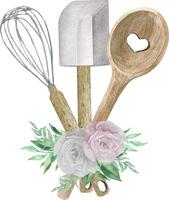ilustración acuarela de panadería blanca con batidor, cuchara y espátula. logo para pastelería y panadería