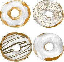 Watercolor set of four sweet donut in white glaze and chocolate and nuts. Sprinkles white donut watercolor illustration vector